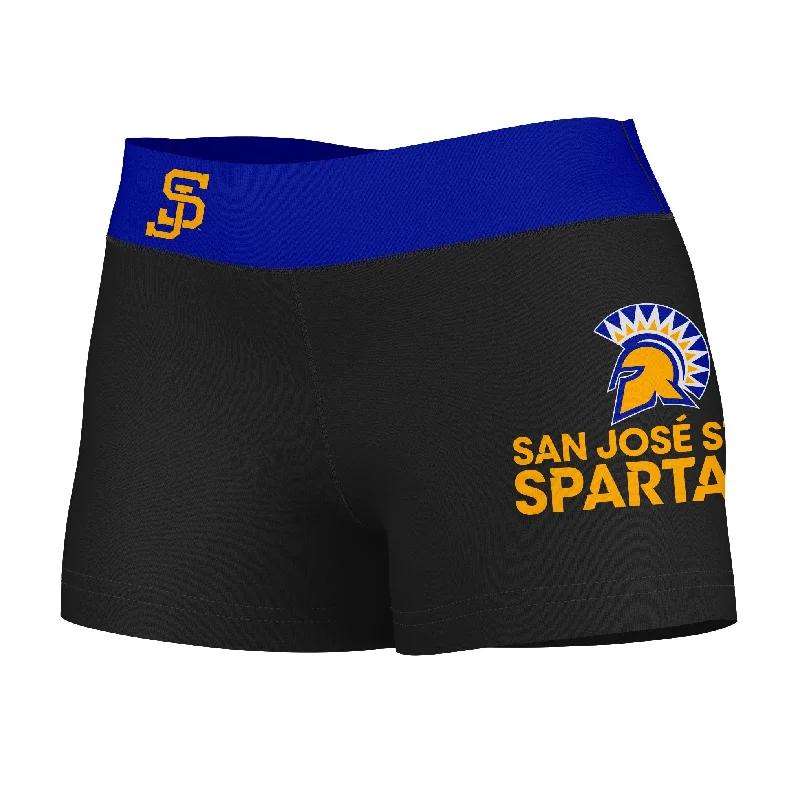 San Jose State Spartans Logo on Thigh and Waistband Black & Blue Womens Yoga Booty Workout Shorts by Vive La Fete