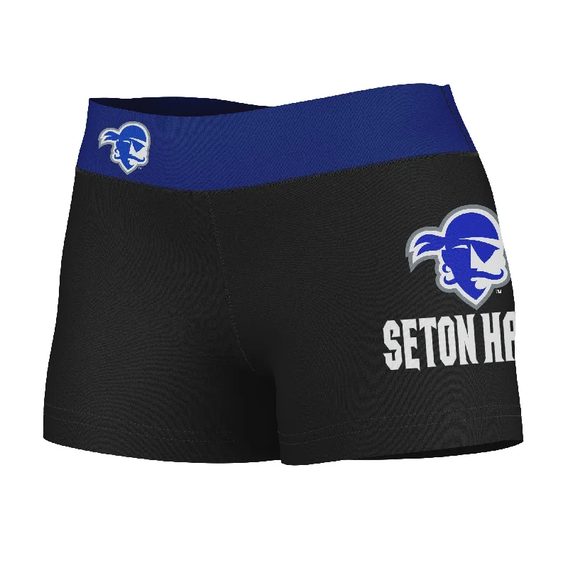 Seton Hall Pirates Logo on Thigh and Waistband Black & Blue Womens Yoga Booty Workout Shorts by Vive La Fete