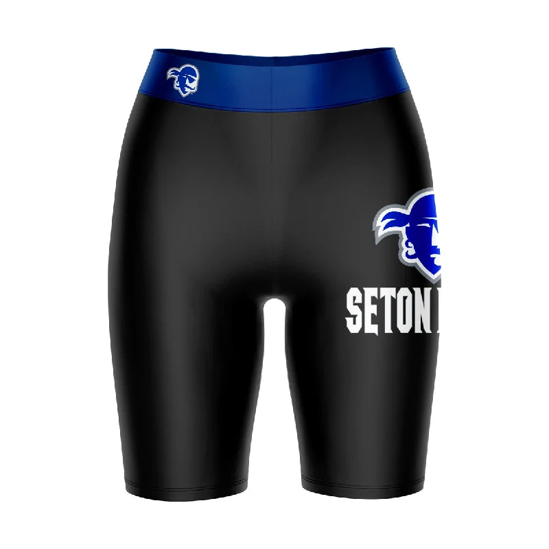 Seton Hall Pirates Game Day Logo on Thigh and Waistband Black and Blue Womens Bike Shorts by Vive La Fete