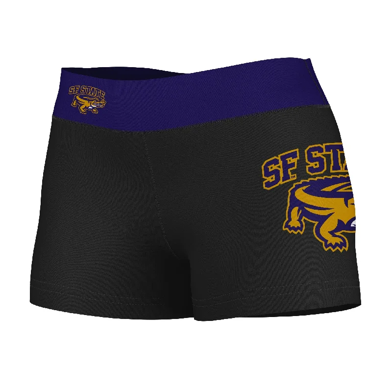 SFSU Gators Game Day Logo on Thigh and Waistband Black & Purple Womens Yoga Booty Workout Shorts by Vive La Fete