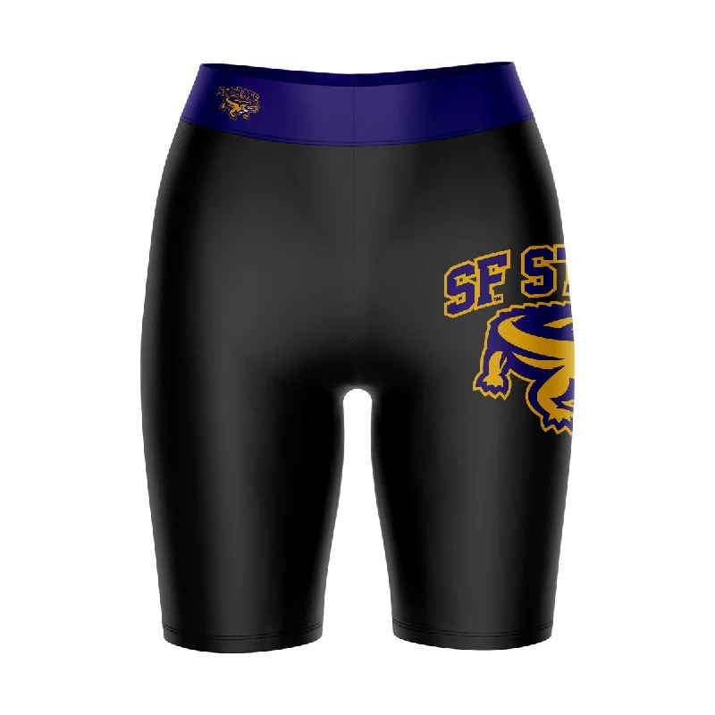 SFSU Gators Game Day Logo on Thigh and Waistband Black and Purple Womens Bike Shorts by Vive La Fete