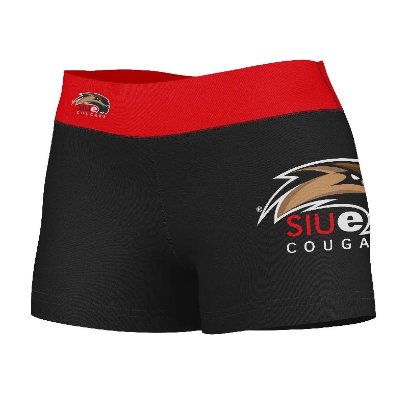 SIUE Cougars Game Day Logo on Thigh and Waistband Black & Red Womens Yoga Booty Workout Shorts by Vive La Fete