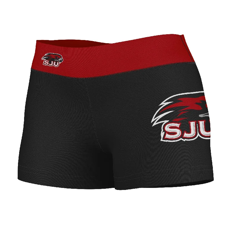 SJU Hawks Game Day Logo on Thigh and Waistband Black and Red Womens Yoga Booty Workout Shorts by Vive La Fete