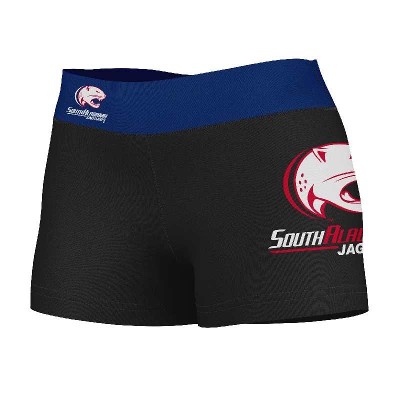 South Alabama Jaguars Logo on Thigh and Waistband Black & Blue Womens Yoga Booty Workout Shorts by Vive La Fete