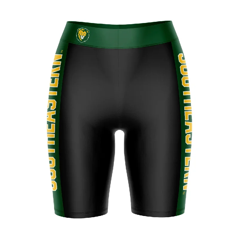 Southeastern Louisiana Lions Game Day Logo on Waistband and Green Stripes Black Womens Bike Shorts by Vive La Fete