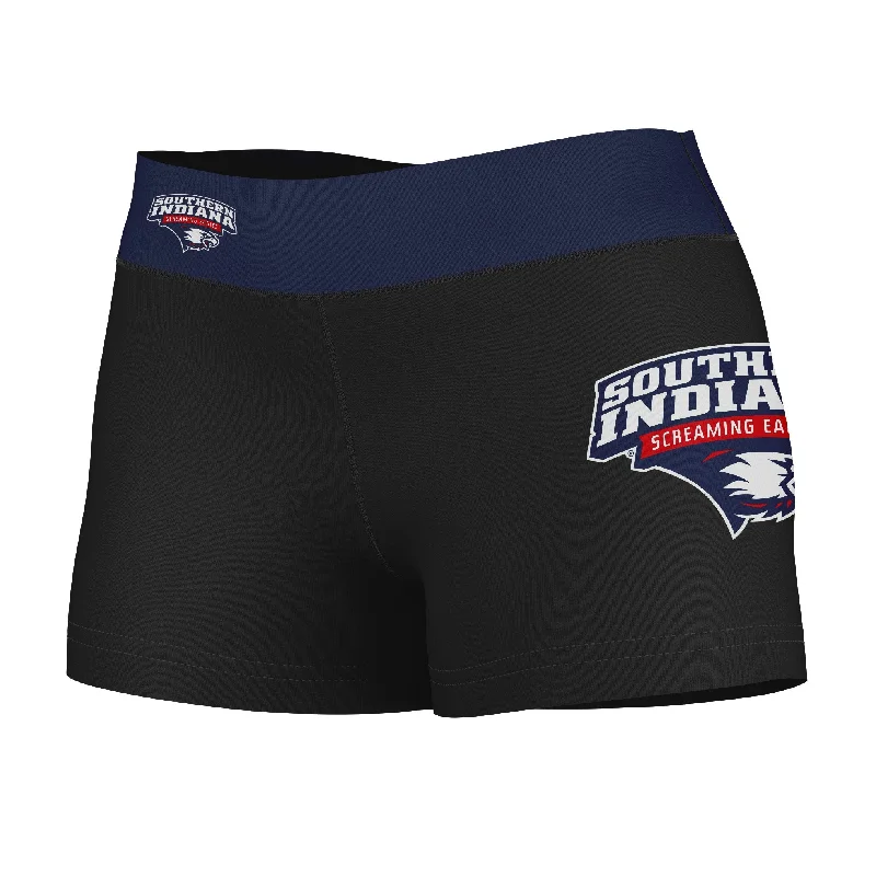 Southern Indiana Screaming Eagles Logo on Thigh and Waistband Black & Blue Womens Yoga Booty Workout Shorts by Vive La Fete