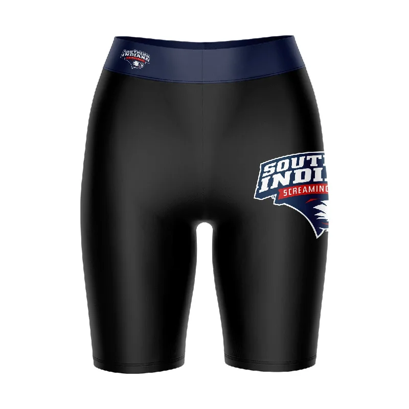 Southern Indiana Screaming Eagles USI Logo on Thigh and Waistband Black and Blue Womens Bike Shorts by Vive La Fete