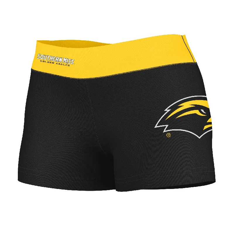 Southern Miss Golden Eagles Logo on Thigh and Waistband Black & Gold Womens Yoga Booty Workout Shorts by Vive La Fete