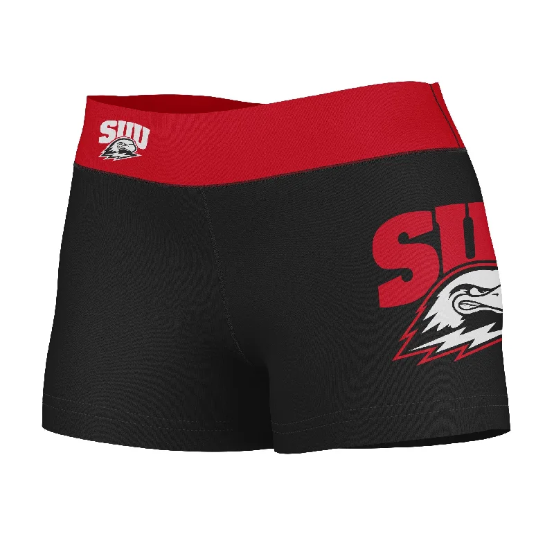 Southern Utah Thunderbirds SUU Logo on Thigh and Waistband Black and Red Womens Yoga Booty Workout Shorts by Vive La Fete