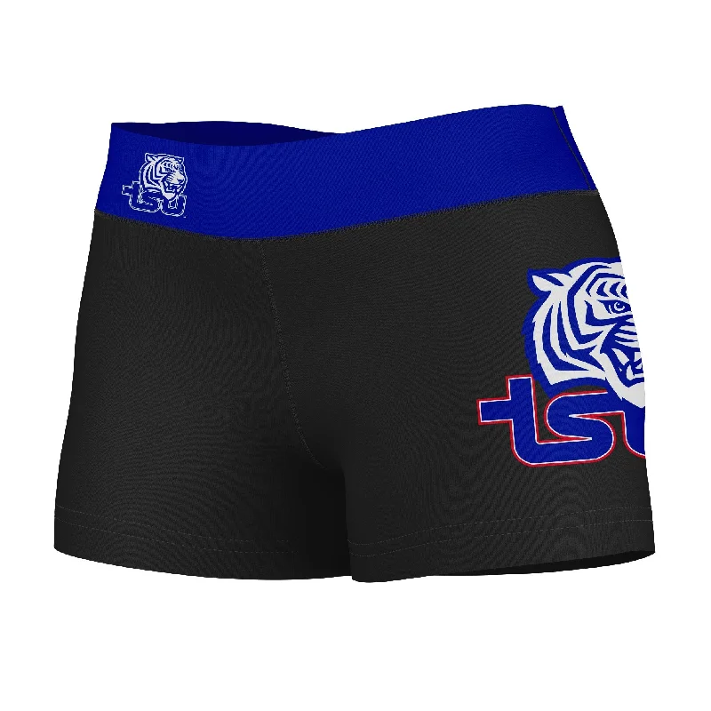 Tennessee State Tigers Logo on Thigh and Waistband Black & Blue Womens Yoga Booty Workout Shorts by Vive La Fete