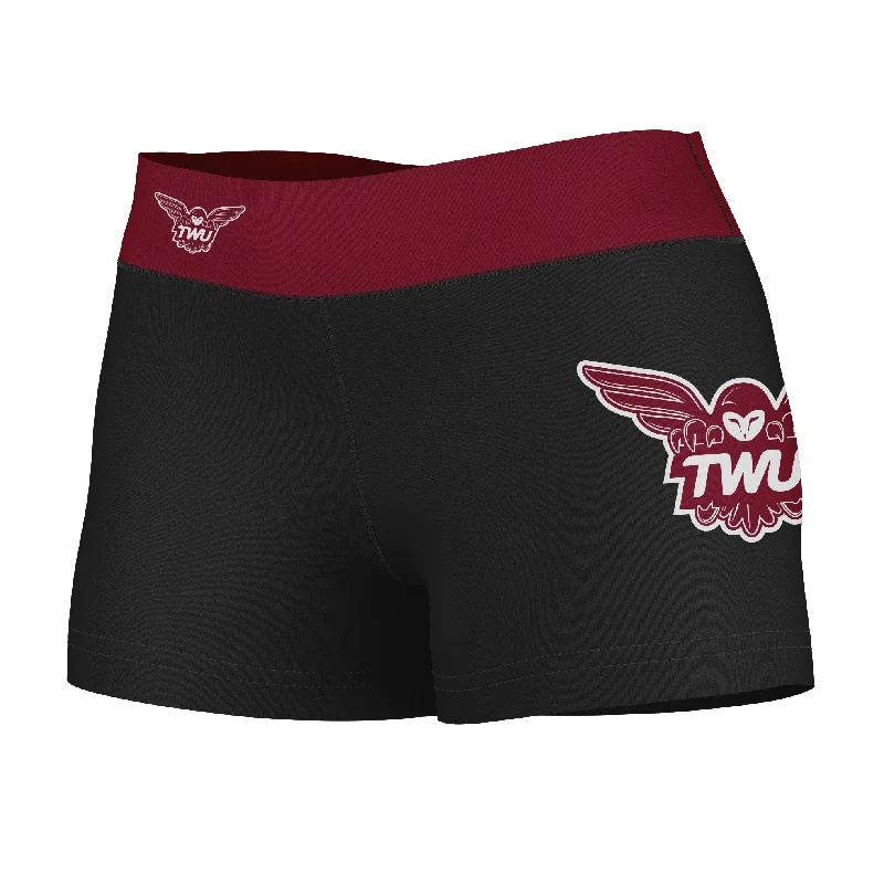 Texas Woman University Pioneers Logo on Thigh and Waistband Black & Maroon Womens Yoga Booty Workout Shorts by Vive La Fete