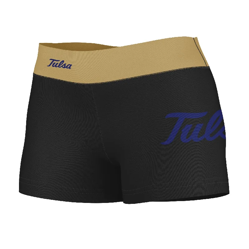 Tulsa Hurricanes Logo on Thigh and Waistband Black & Red Womens Yoga Booty Workout Shorts by Vive La Fete