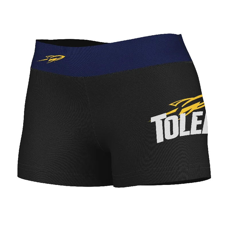 U Toledo Rockets Game Day Logo on Thigh and Waistband Black & Navy Booty Workout Shorts by Vive La Fete