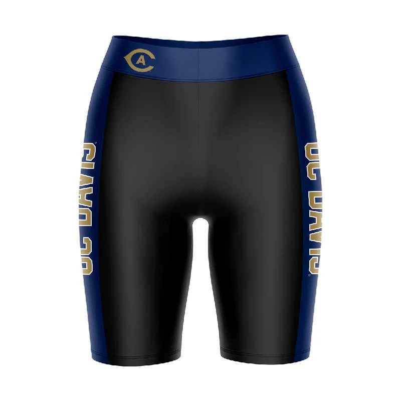 UC Davis Aggies Game Day Logo on Waistband and Navy Stripes Black Womens Bike Shorts by Vive La Fete