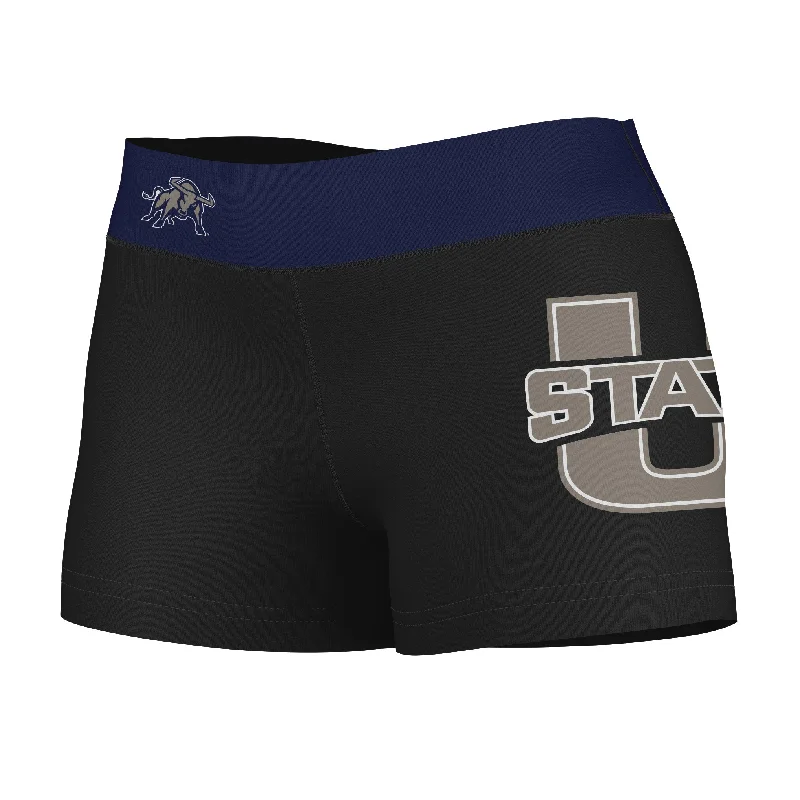 Utah State Aggies Game Day Logo on Thigh and Waistband Black & Navy Booty Workout Shorts by Vive La Fete