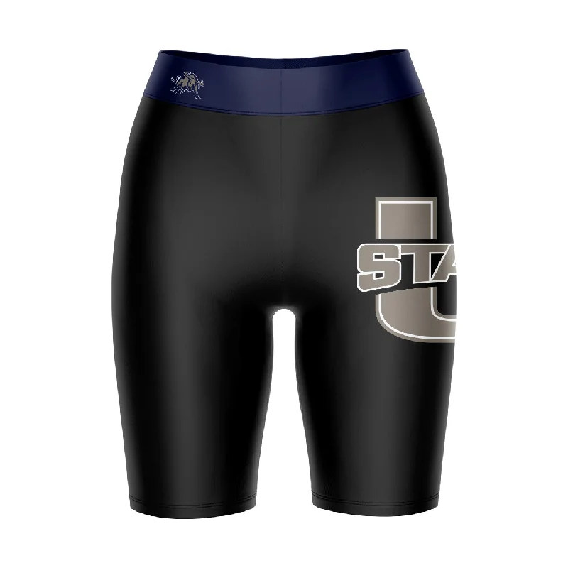 Utah State Aggies Game Day Logo on Thigh and Waistband Black and Navy Womens Bike Shorts by Vive La Fete