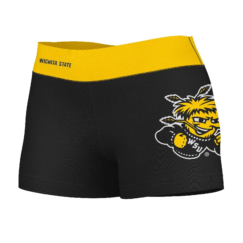 Wichita State Shockers WSU Logo on Thigh and Waistband Black & Gold Booty Workout Shorts by Vive La Fete