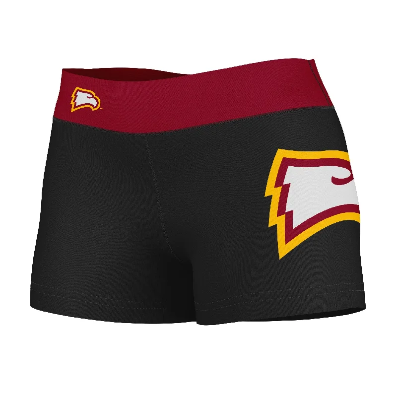 Winthrop University Eagles Logo on Thigh and Waistband Black & Maroon Womens Yoga Booty Workout Shorts by Vive La Fete