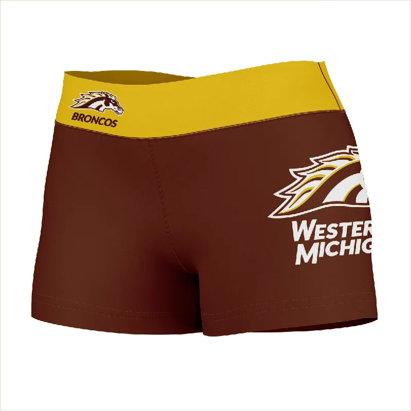 WMICH Broncos Logo on Thigh and Waistband Black and Brown Womens Yoga Booty Workout Shorts by Vive La Fete