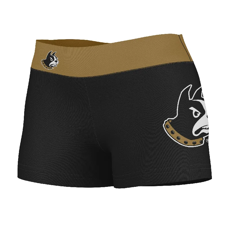 Wofford Terriers Logo on Thigh and Waistband Black & Gold Womens Yoga Booty Workout Shorts by Vive La Fete