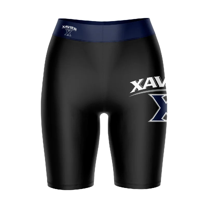 Xavier University Muskateers Game Day Logo on Thigh and Waistband Black and Navy Womens Bike Shorts by Vive La Fete